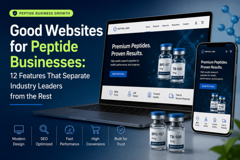 Modern peptide business website displayed on desktop and mobile with clean design and ecommerce functionality.