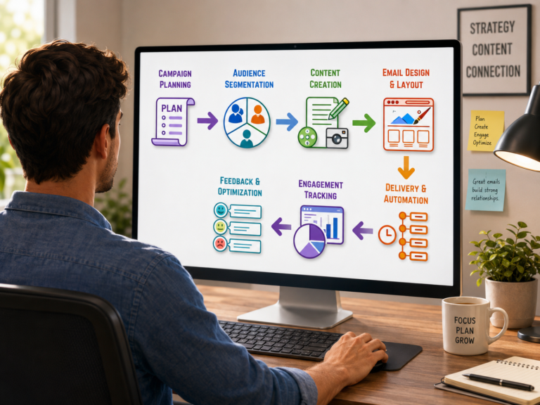 Marketer reviewing an email marketing strategy workflow diagram on a desktop computer screen, detailing campaign planning, audience segmentation, and automation steps.