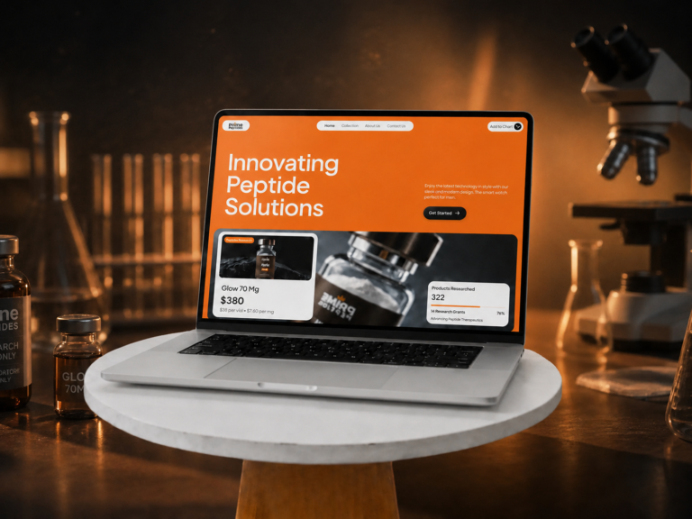 Custom website design and development for Prime Peptide research brand displayed on a laptop in a laboratory setting.
