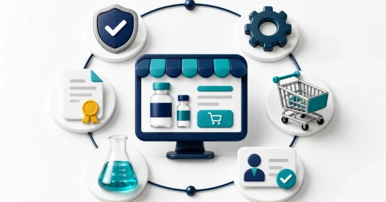 3D illustration of a peptide ecommerce website with research vials, shopping cart, compliance shield, lab flask, certification document, and customer verification icons.