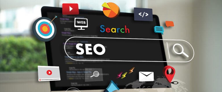 Computer screen displaying a search engine bar with "SEO" text surrounded by digital marketing icons including targets, analytics charts, code, and social media.